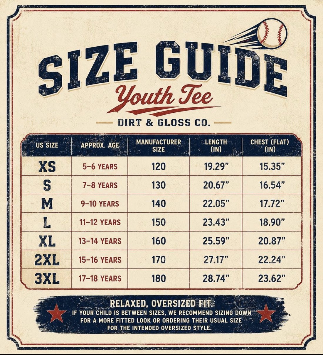 Dingers Club — Youth Baseball Tee size chart