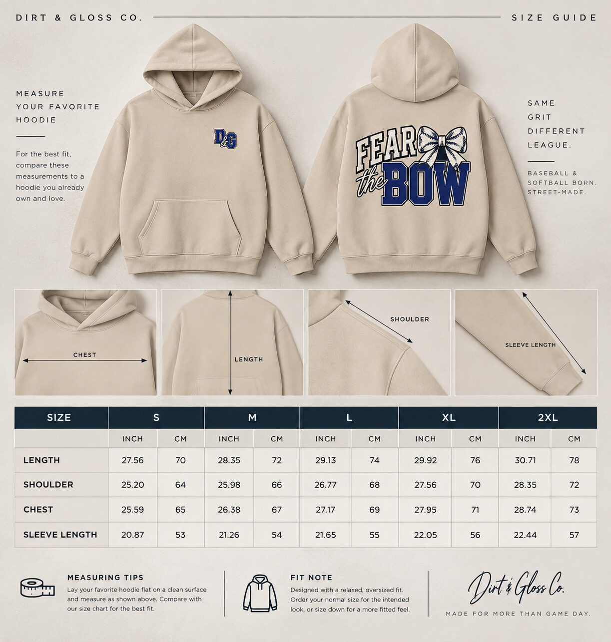 Fear the Bow hoodie size chart