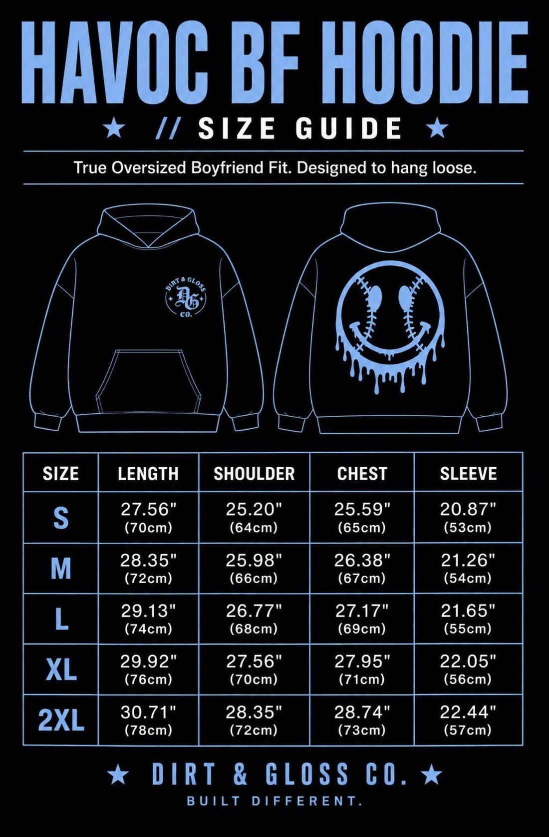 HAVOC BF Hoodie size chart