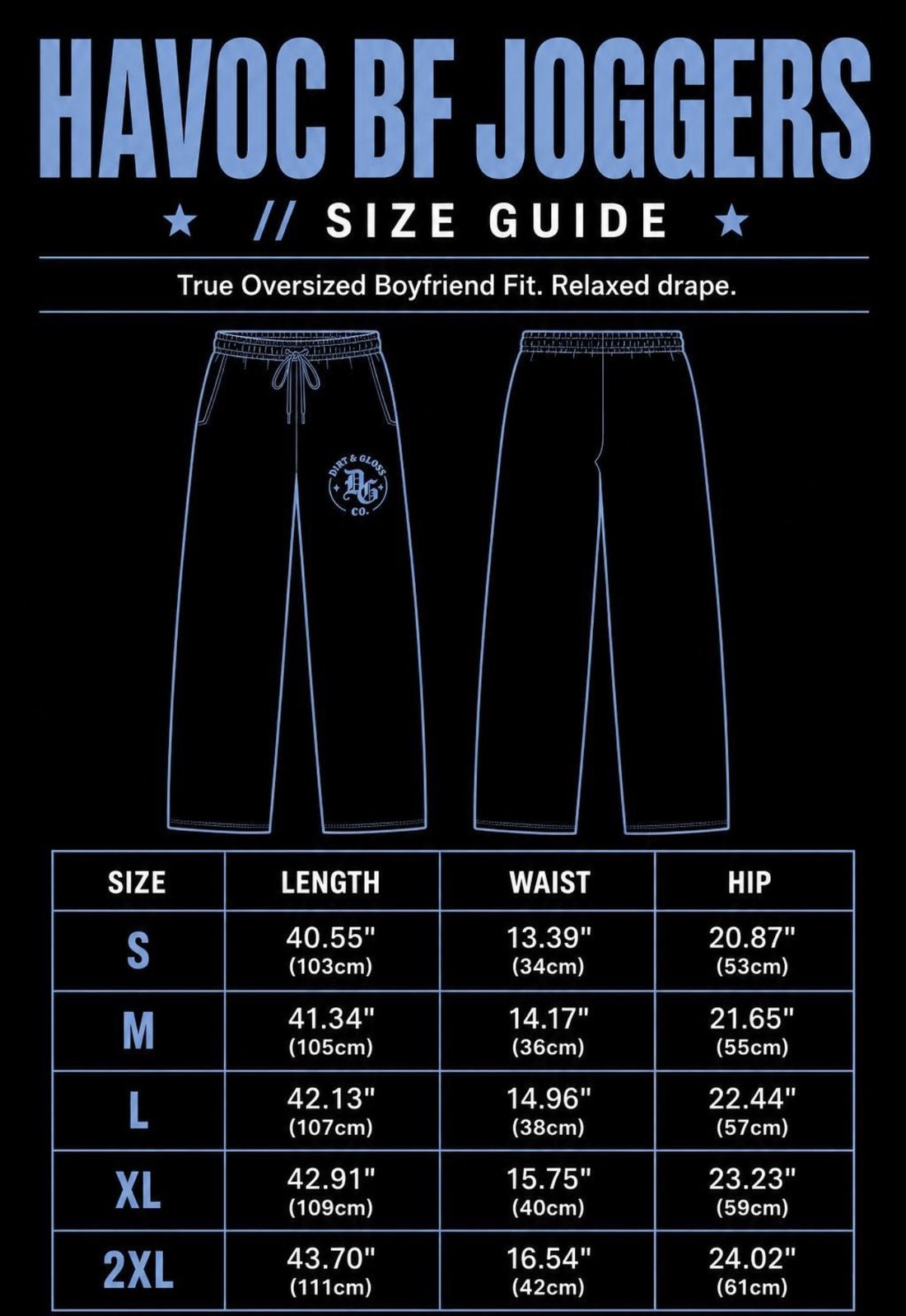 HAVOC BF Joggers size chart
