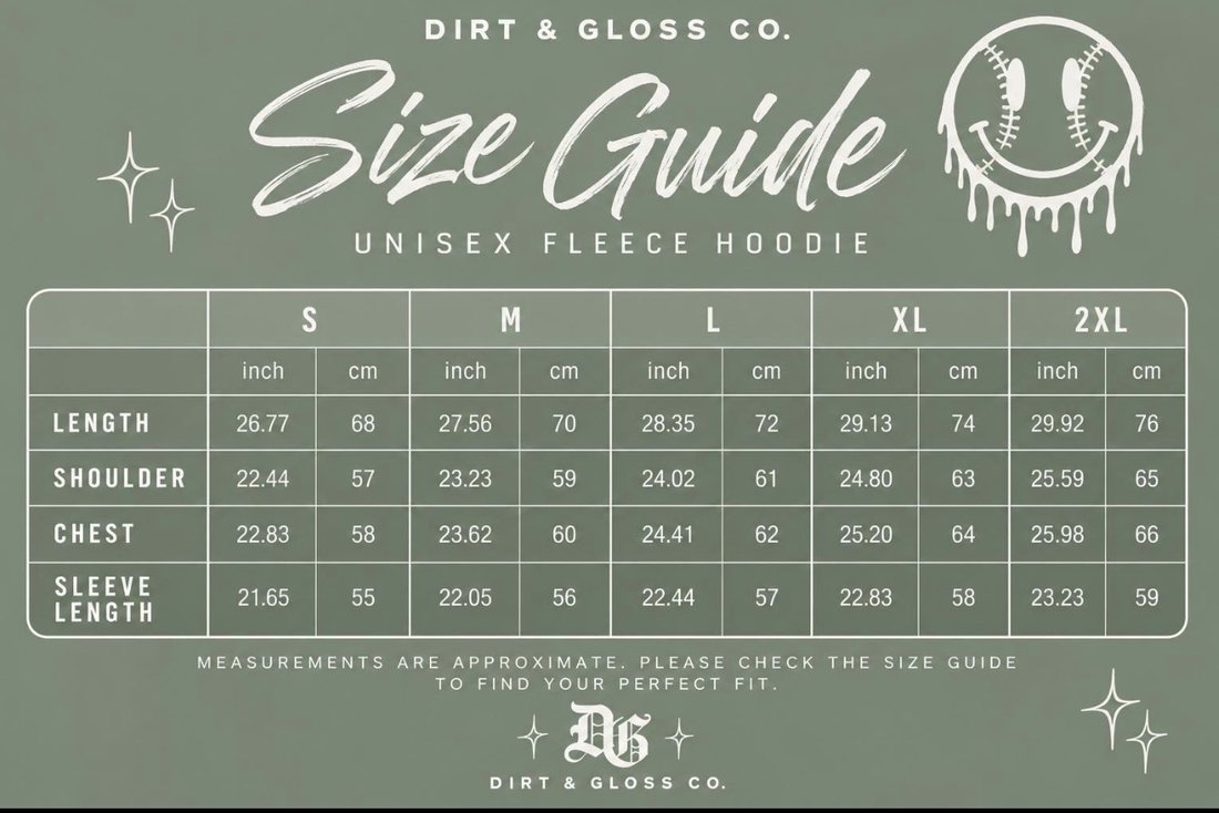 Softball Smiley — Sage Hoodie size chart