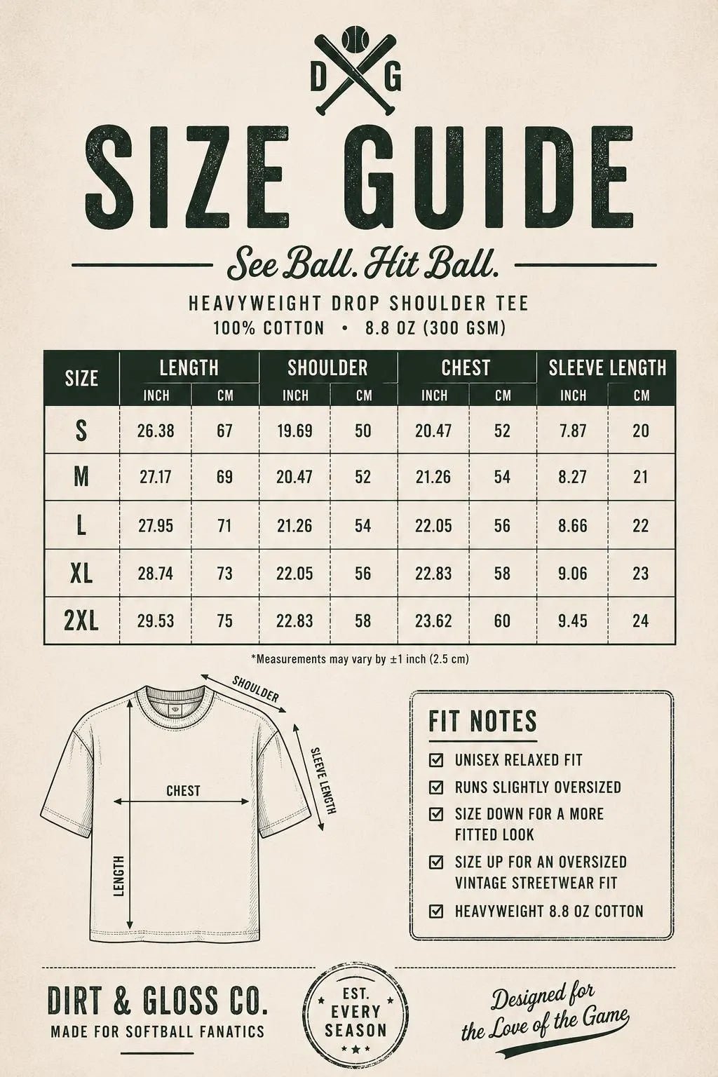 See Ball Hit Ball — Vintage Tee size chart